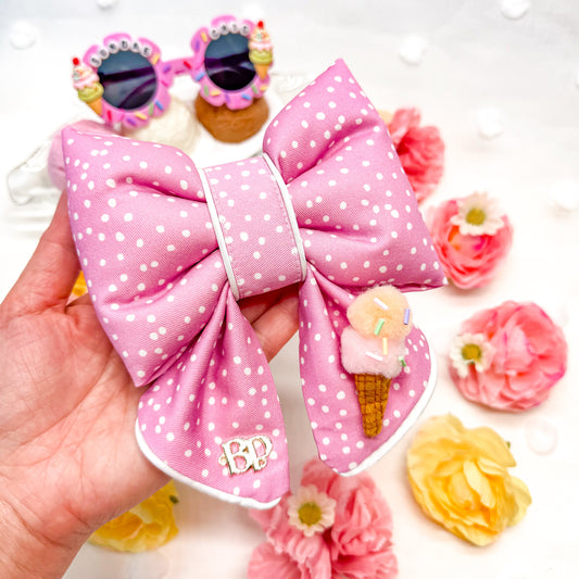 Pink polka dot sailor bow tie for dog cats with cute sunglasses, flowers and white satin trim piping. bop pop pets pet accessory