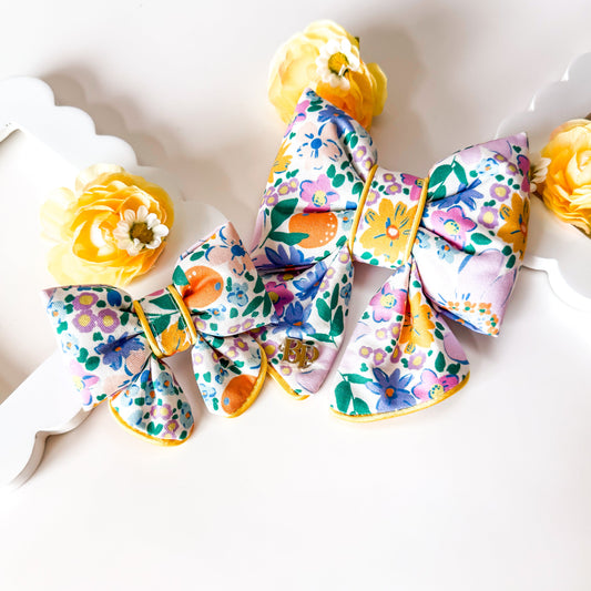 cosmos flower sailor bow tie for small pets dogs and cats. yellow satin trim handmade deluxe mini bow pet accessory bop pop pets