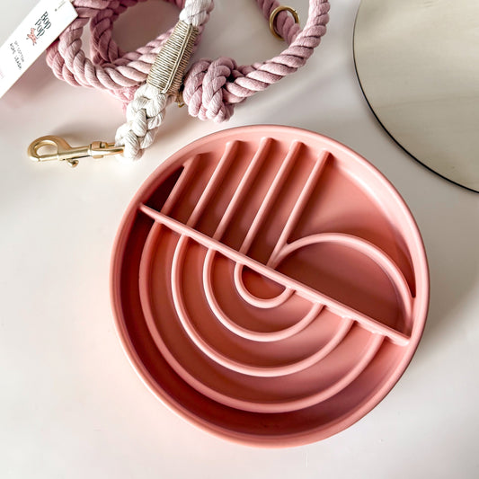 slow feeder bowl for anxiety and boredom dogs cats pets. Feeder bowl in pink rose TERRA COTTA color during mealtimes or snacks