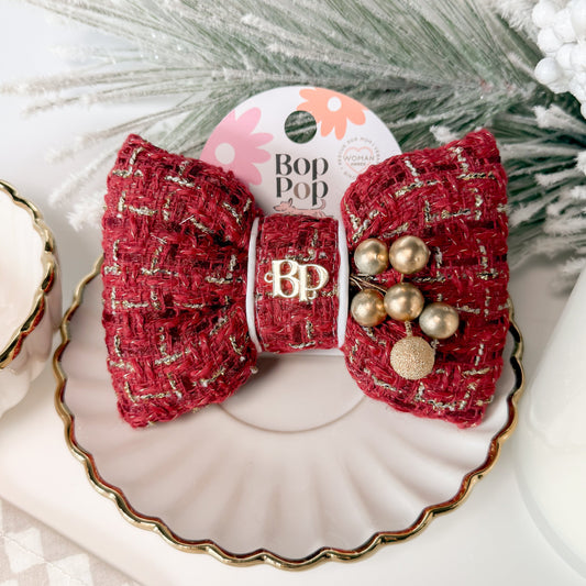 Red burgundy Tweed bow tie with gold holly foliage decorative decor. Holiday dog bows for premium handmade dog goods. Bop Pop Pets for festive style