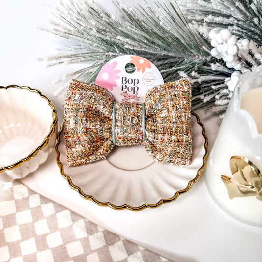 gold tweed fabric sailor bow with sage satin trim for pets dogs and cats