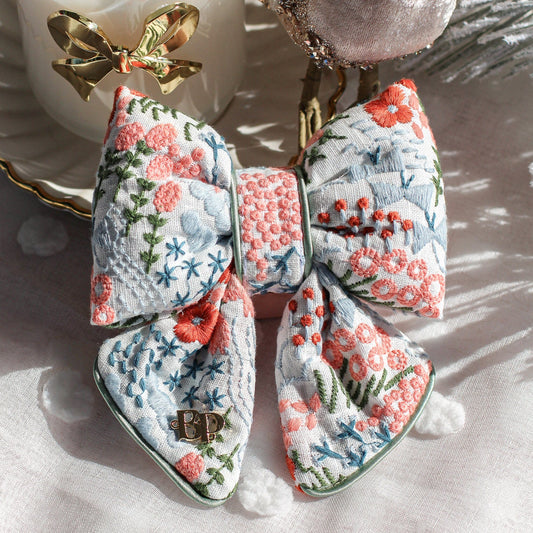 Luxury dog bows for collars. holiday bow tie dog cats embroidery fabric floral holiday pet accessory gift Sailor bow bop pop pets premium cotton dog collar bow tie Satin sage piping trim