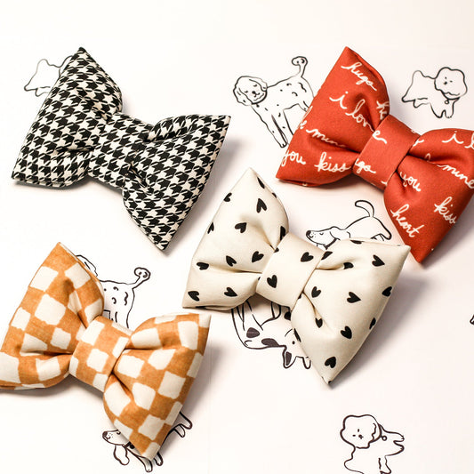 Collection dog bow accessories for Winter Collection 2025/26. Black white hearts bow tie Bop Pop Pets dog cat pet accessory. Cotton puffy bow handmade.