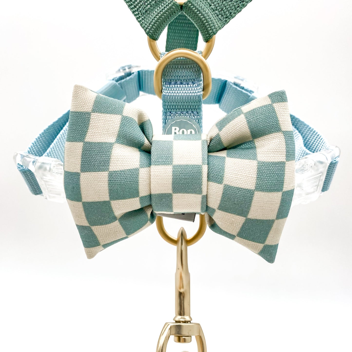Blue Aqua 100% Organic Cotton Linen checkerboard dapper dog cat bow tie handmade structured puffy bow tie Bop Pop Pets handsfree leash with matching harness set pet apparel