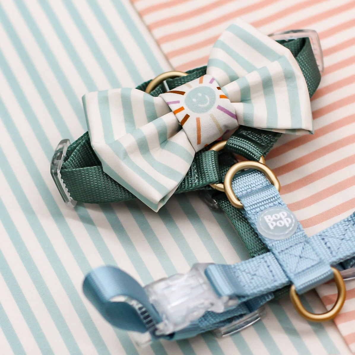 pastel blue happy sun with nylon harness bop pop pets accessories structured bow tie dappy preppy barbie theme summer easter preppy polo vibes