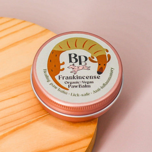 Frankincense Palm and hand balm for dogs and humans. Healing balm with lick-safe and food grade essential oils , shea butter, vitamin e, and coconut oil. Anti-anxiety, non-toxic, vegan and organic ingredients for pet grooming