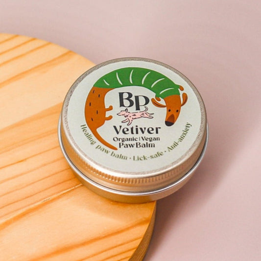 Vetiver Palm and hand balm for dogs and humans. Healing balm with lick-safe, vegan essential oils , shea butter, vitamin e, and coconut oil. Anti-anxiety