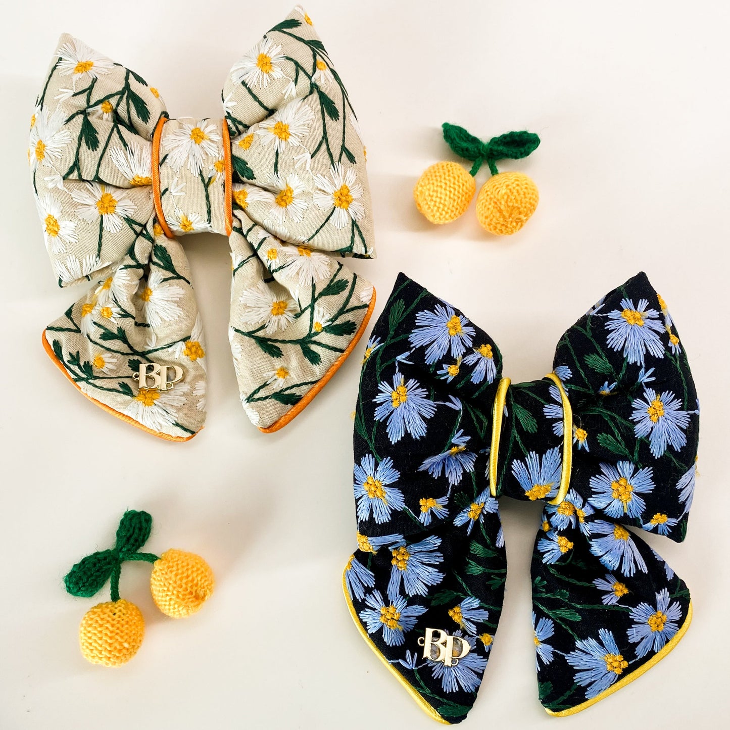 dog collar bow tie and sailor bow for pets dog or cat. flower daisy floral embroidery fabric embellishment. Dog mom girl dog style. Green olive satin trim on elevated pet bows and elevated pet accessories bop pop pets fruit theme dog bows accessory