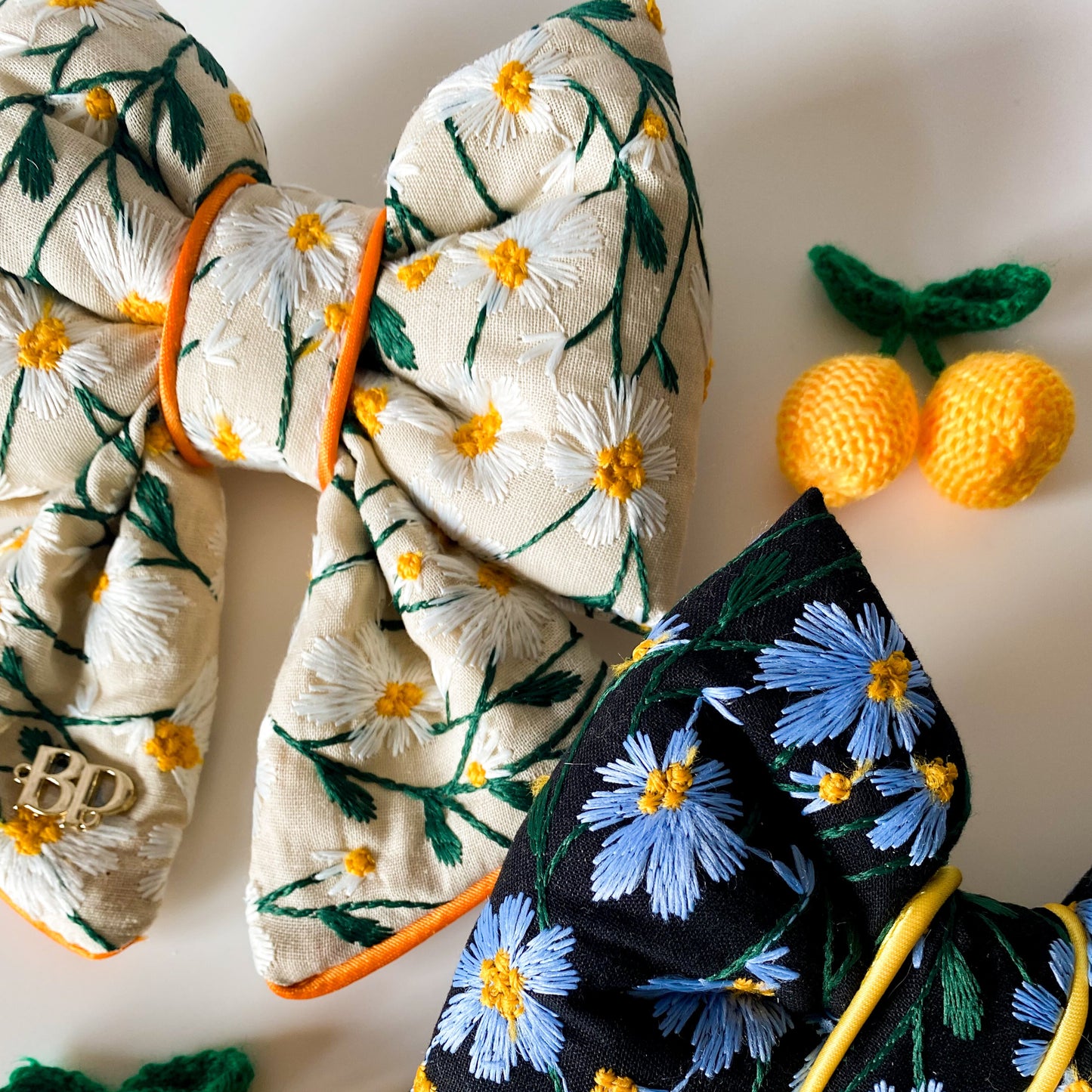 dog collar bow tie and sailor bow for pets dog or cat. flower daisy floral embroidery fabric embellishment. Dog mom girl dog style. Green olive satin trim on elevated pet bows and elevated pet accessories bop pop pets fruit theme dog bows accessory