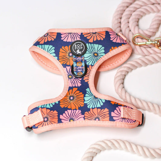 Dog Harness Multicolor Pink daisy flower floral Print dogs small medium large soft comfort harness padded neoprene breathable walking harness Navy flowers with 100 percent Cotton pink rope ombre with gold hardware