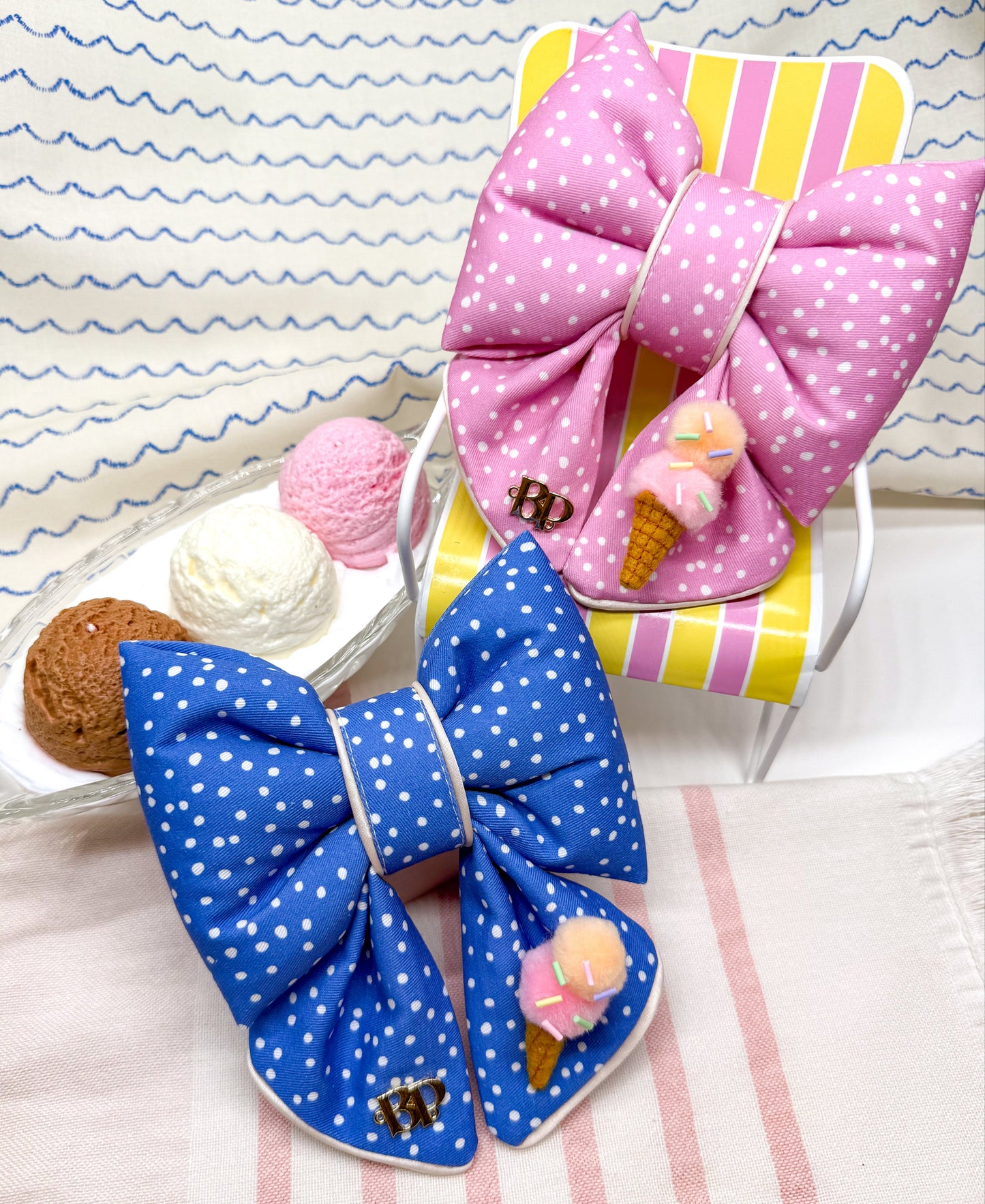 Blue polka dot and mini Ice cream DOG COLLAR DOG bow for dog collar sailor bow. Puffy Bow tie. White Trim edge sailor bow for premium bow tie style. Hand made in Oregon, usa. Bop pop pets hand made accessory. Girl or Boy dog or cat bow pet accessory. Pink sailor bow Beachy summer vibes