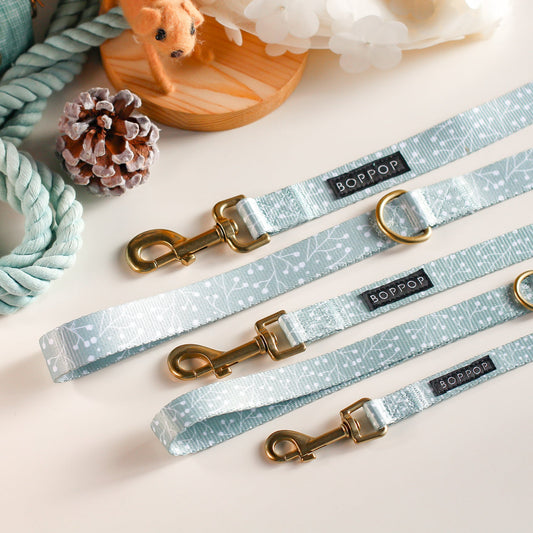 Dog leashes with gold clasps and branded tags on a light background