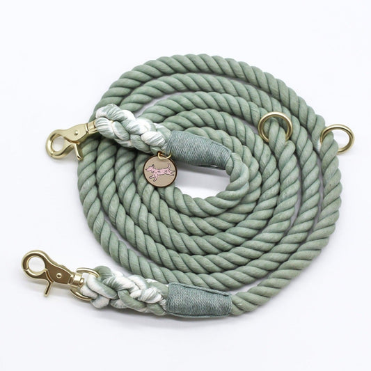 Juniper Moon Sage Green Pastel Handsfree Rope Leash Cotton 8ft Dog Gold Matte hardware Bop Pop Pets
