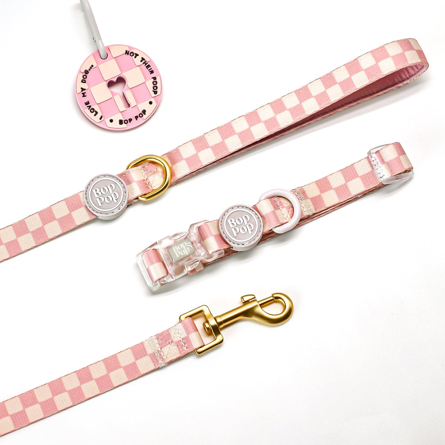Pink checkered print dog collar, leash, and poop loop for dog walking - pet accessories set Bop pop pets