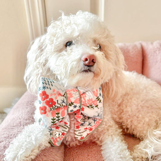 white floral embroidery sailor bow for dog collars. Bop Pop pet accessory for deluxe premium dog accessories Holiday Bows for dogs and cats