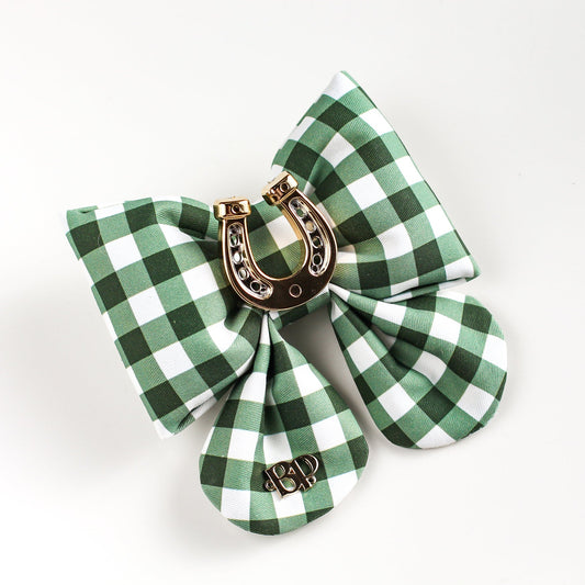 Green and white checkered bow with a gold horseshoe charm on a white background