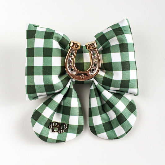 Green and white checkered bow with a gold horseshoe charm on a light gray background