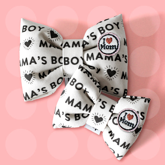 Mamas Boy dog collar bow ties. Puffy Bow tie. Black and white off white cotton bow for dogs or cats. Hand made in usa Bop pop pets accessory. dog mom gift for dogs Mothers day gifts for pet owner i love mom