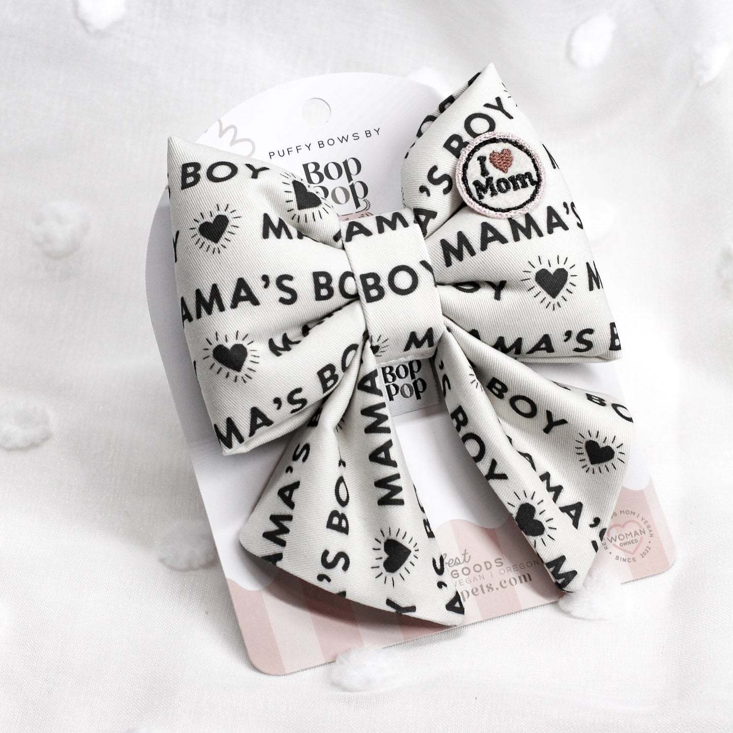 Mamas BOY black white dog collar Sailor bow for pets. Cute dog bows I love mom patch. Puffy Sailor bow with cute patch. Made in USA handmade