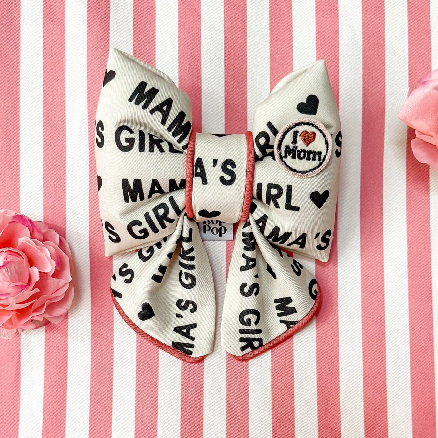 Mamas Girl dog collar bow ties. Puffy Bow tie. Black and white off white cotton bow for dogs or cats. Pink Trim edge sailor bow for premium bow tie style. Hand made in usa Bop pop pets accessory. dog mom gift for dogs Mothers day gifts for pet owner i love mom. Girl dog bow pet accessory
