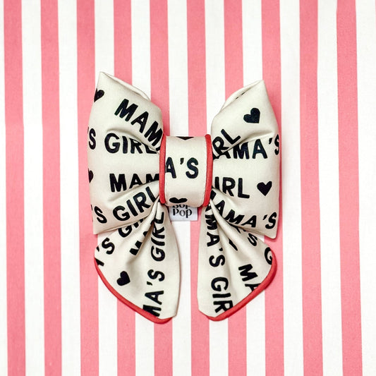 Mamas Girl dog collar bow ties. Puffy Bow tie. Black and white off white cotton bow for dogs or cats. Pink Trim edge sailor bow for premium bow tie style. Hand made in usa Bop pop pets accessory. dog mom gift for dogs Mothers day gifts for pet owner i love mom. Girl dog bow pet accessory