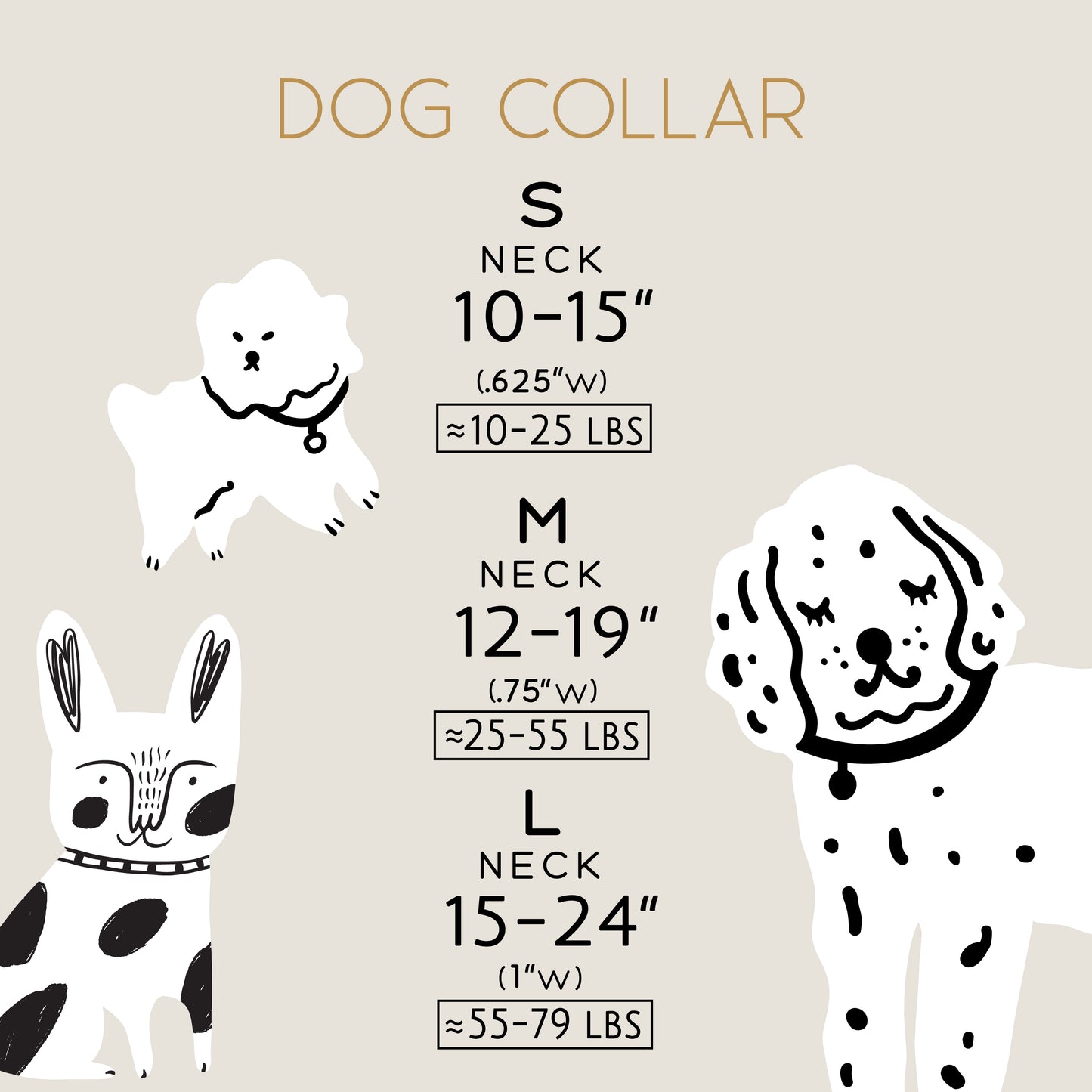 Dog Collar Size Chart Small Medium Large pounds and width details