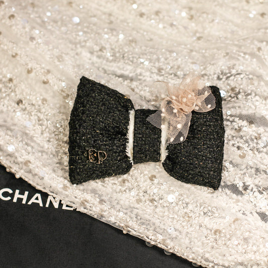 Black bow with gold accents tweed rosette lace pet dog bow tie Bop Pop Pets