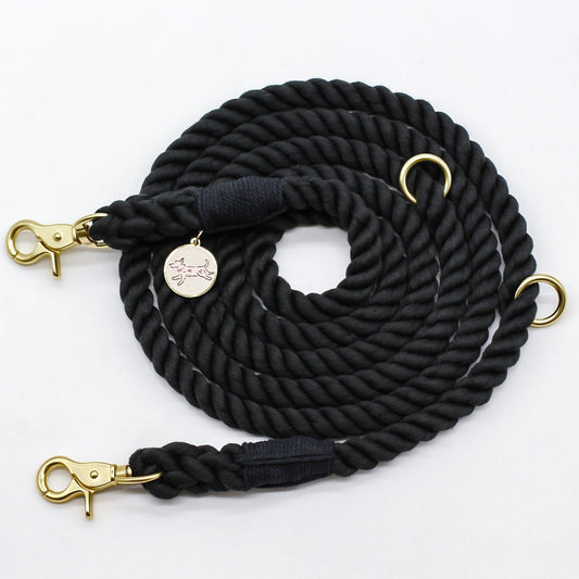 Black Onyx Cotton handsfree rope leash 8ft Bop Pop Pets Gold Matte Hardware Dog Walking