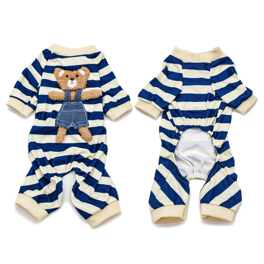 teddy bear blue navy stripe dog cat pajama onesie jumpsuit faux fur sherpa bear small dogs bop pop pets