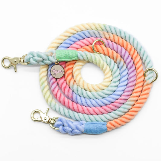 Pastel Candy Lollipop Rainbow gradient ombre hands free rope leash 8ft long cotton pet dog cat walking gold hardware small business bop pop pets accessory leash pink, mint green, blue, yellow, lilac