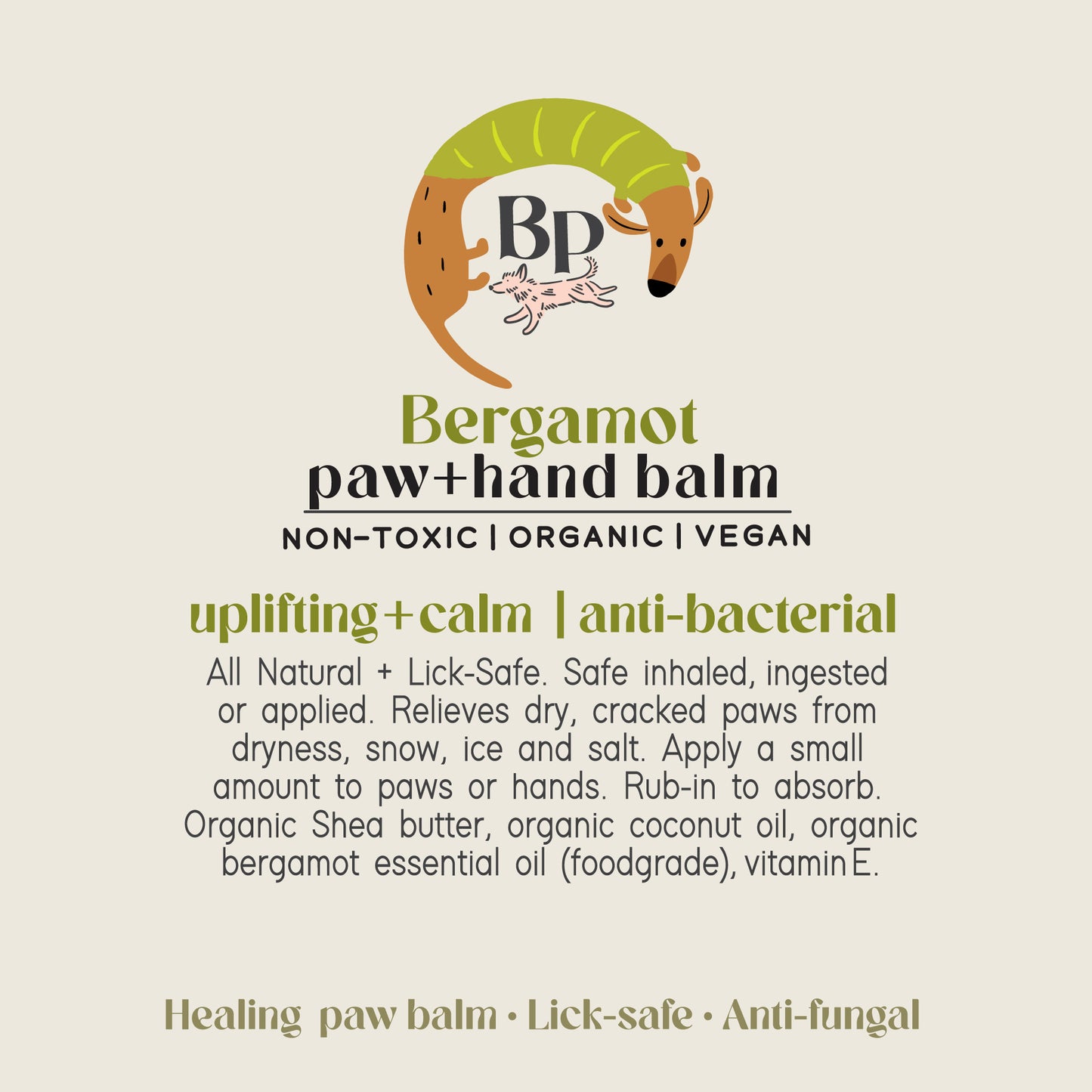 Bergamot Palm and hand balm for dogs and humans. Healing balm with lick-safe and food grade essential oils , shea butter, vitamin e, and coconut oil. Anti-anxiety, non-toxic, vegan and organic ingredients for pet grooming