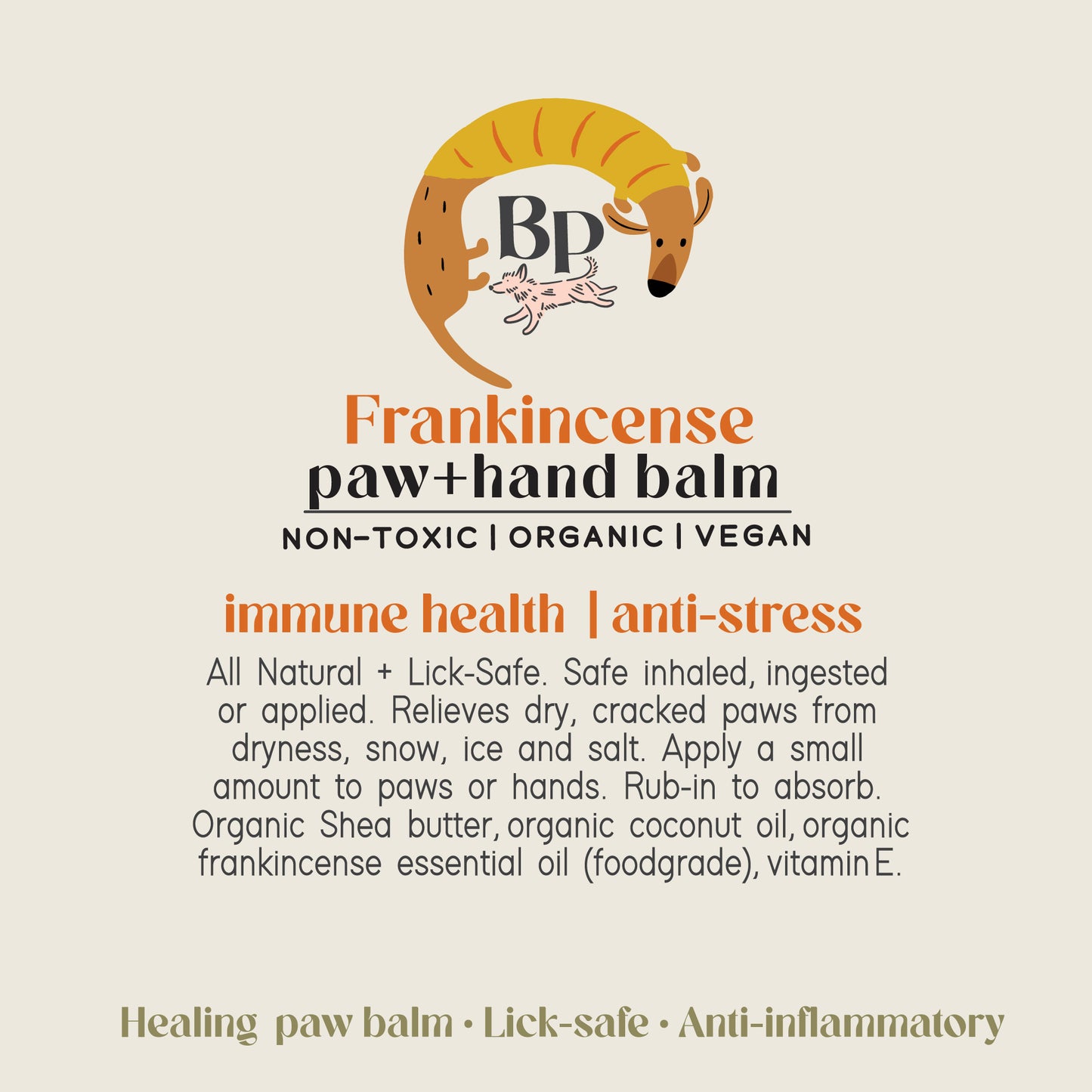Frankincense Palm and hand balm for dogs and humans. Healing balm with lick-safe and food grade essential oils , shea butter, vitamin e, and coconut oil. Anti-anxiety, non-toxic, vegan and organic ingredients for pet grooming