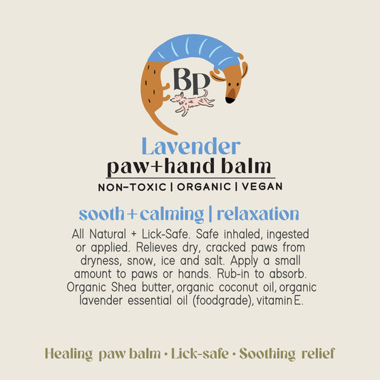 Lavender Palm and hand balm for dogs and humans. Healing balm with lick-safe and food grade essential oils , shea butter, vitamin e, and coconut oil. Anti-anxiety, non-toxic, vegan and organic ingredients for pet grooming