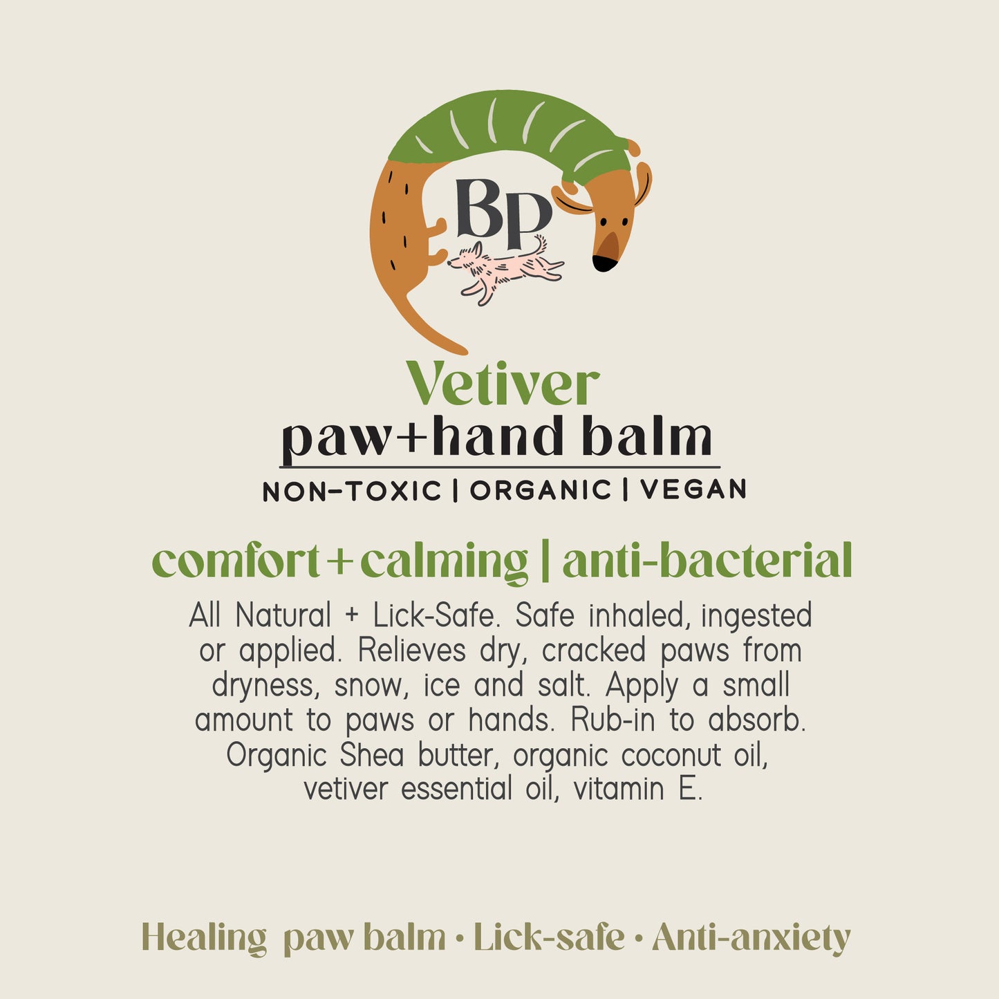 Vetiver Palm and hand balm for dogs and humans. Healing balm with lick-safe, vegan essential oils , shea butter, vitamin e, and coconut oil. Anti-anxiety, non-toxic Organic ingredients for pet grooming