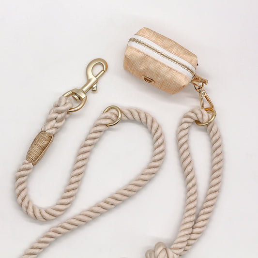 Poop Bag holder Dispenser set with Poop Loop acrylic gold harware with rope leash bop pop pets accessories beige bohemian style