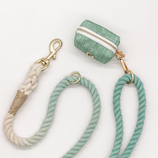 Poop Bag holder Dispenser set with Poop Loop acrylic gold harware with rope leash bop pop pets accessories green sage bohemian style