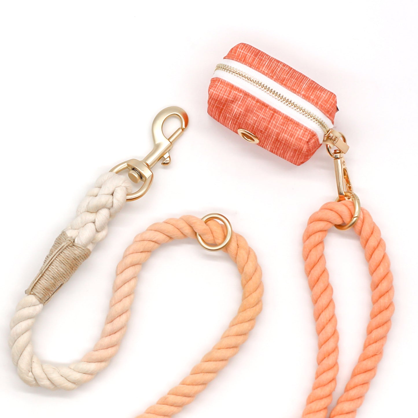 Poop Bag holder Dispenser set with Poop Loop acrylic gold harware with rope leash bop pop pets accessories orange bohemian style