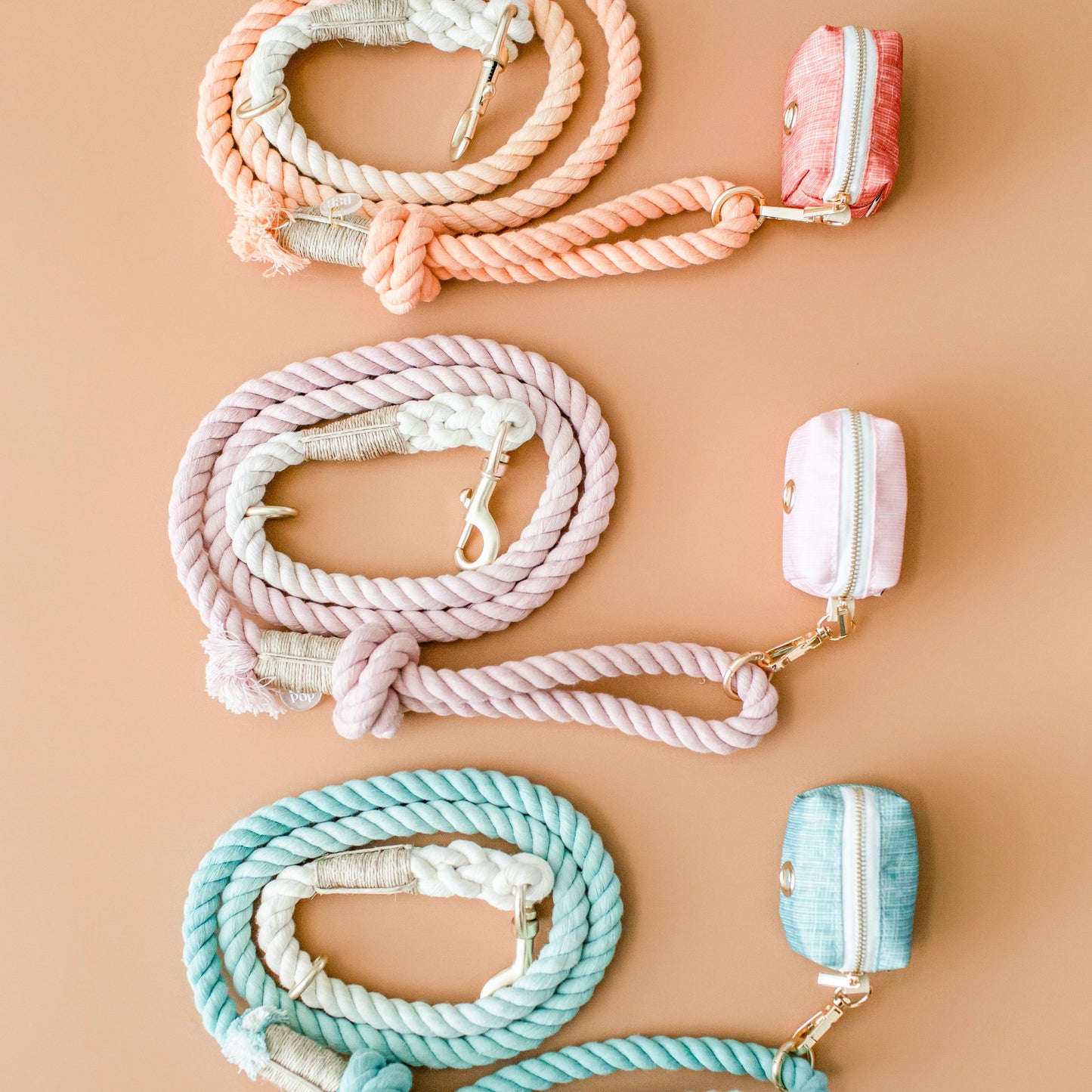 Poop Bag holder Dispenser set with Poop Loop acrylic gold hardware with rope leash bop pop pets accessories Orange pink beige green bohemian style