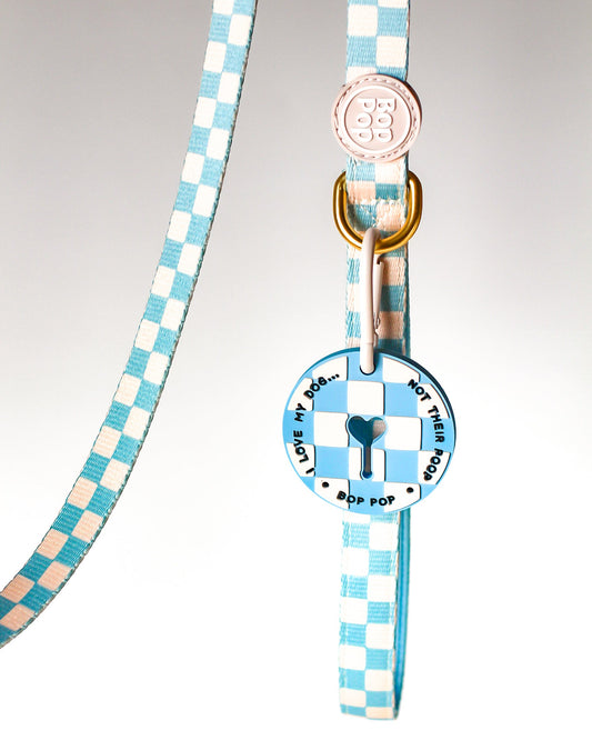 Checkered blue and white dog leash with a metal clip on a gray background