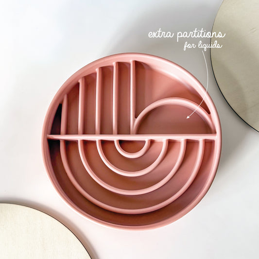 slow feeder bowl for anxiety and boredom dogs cats pets. Feeder bowl in pink rose TERRA COTTA color during mealtimes or snacks. Slow feeder with partition for liquids