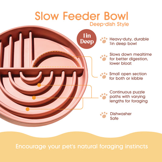 Product features graphic for a slow feeder pet bowl. The bowl is shown in a close-up on the left, with text callouts on the right describing features such as deep dish style, durable material, slower mealtime, small open section, and dishwasher safe.