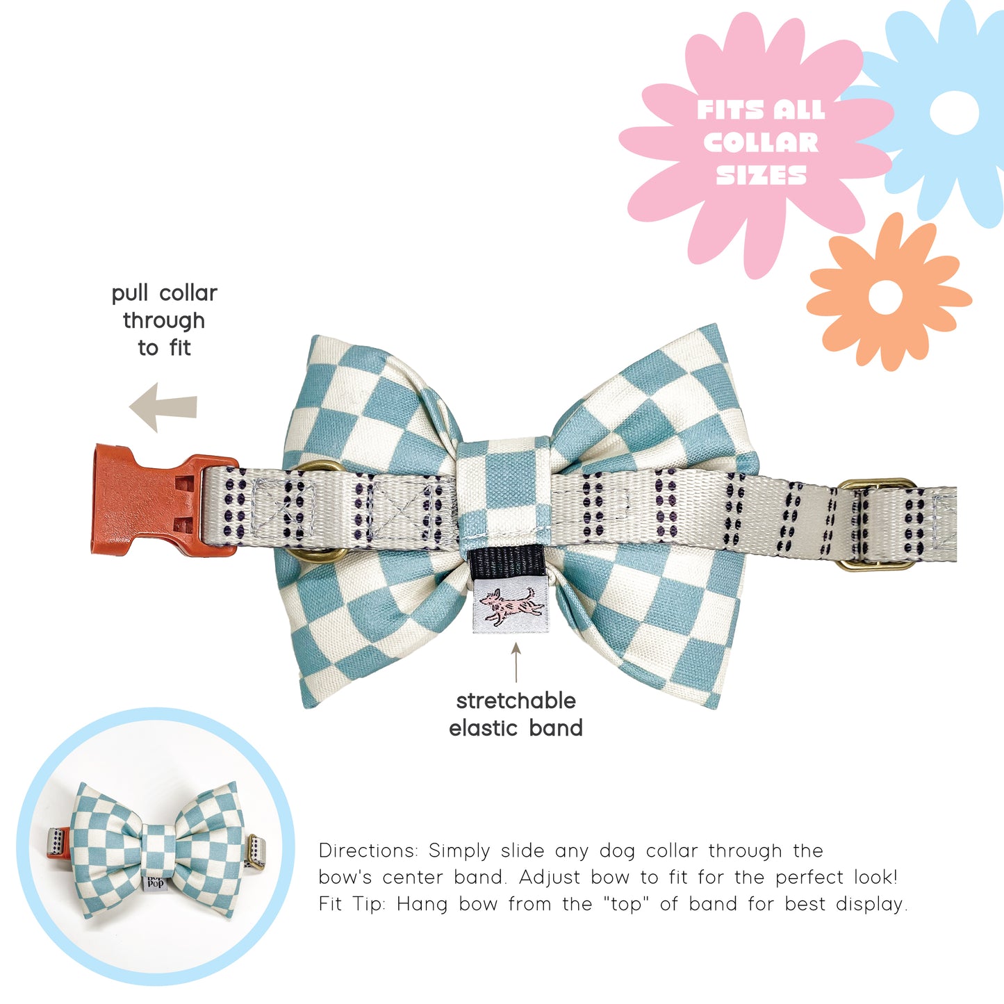 How to wear the Checkered bow tie dog collar with stretching elastic band on a white background