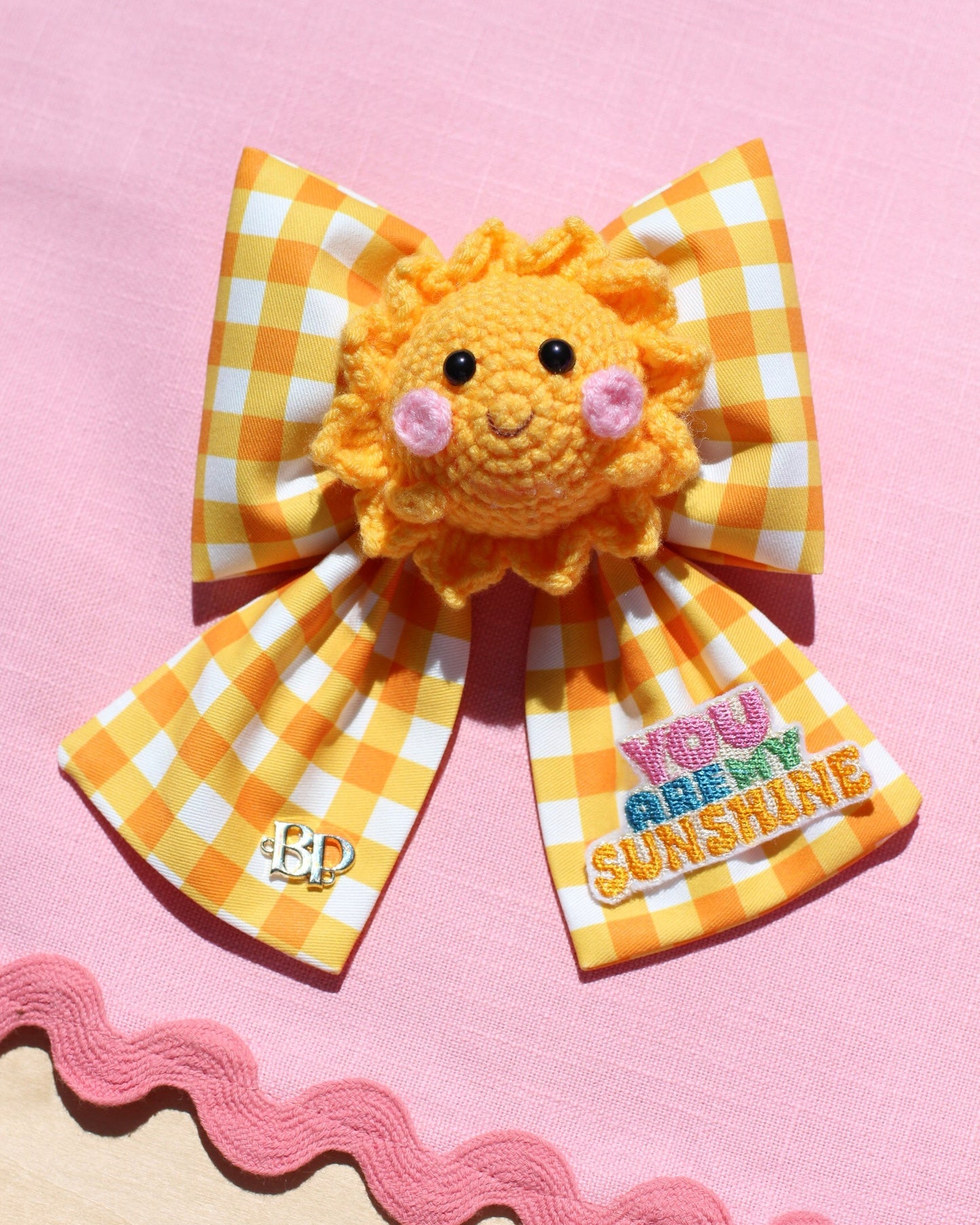 You are my sunshine bow with tails in yellow check with cute smiley face crochet sun and color patch. Handmade by Bop Pop Pets TM in USA