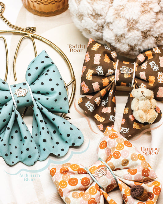 Scallop Bow Tie collection series. teddy bear bow tie for pets dogs in cotton with scallop and piping satin trim. Luxury premium bow tie pet accessory. Bop pop pets mini teddy bear doll. Fall collection for dogs and cats pet