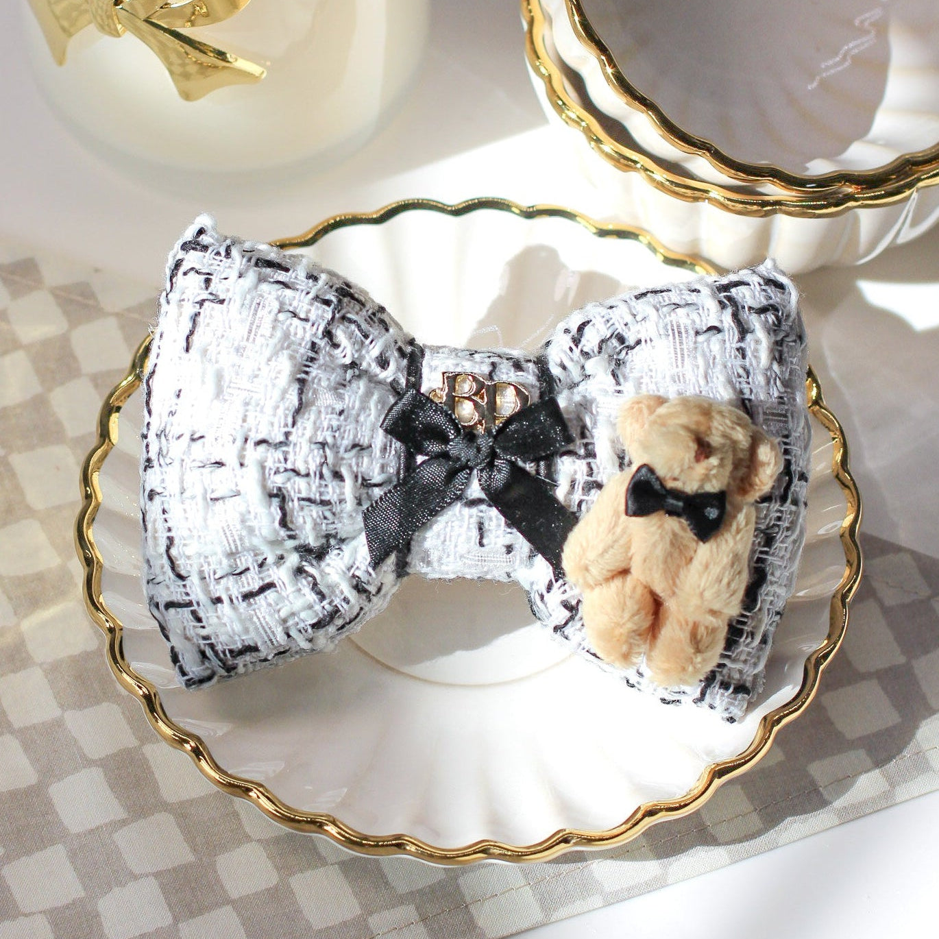 Black white Tweed bow tie with mini teddy bear and mini black satin tuxedo bow tie. Premium handmade dog goods dog bows. Bop Pop Pets for Holiday style