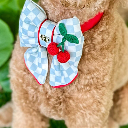 Dog wearing cherry checkerboard sailor bow tie and red collar in a garden setting. Red satin trim for pet bows. Best bow for dog collars.