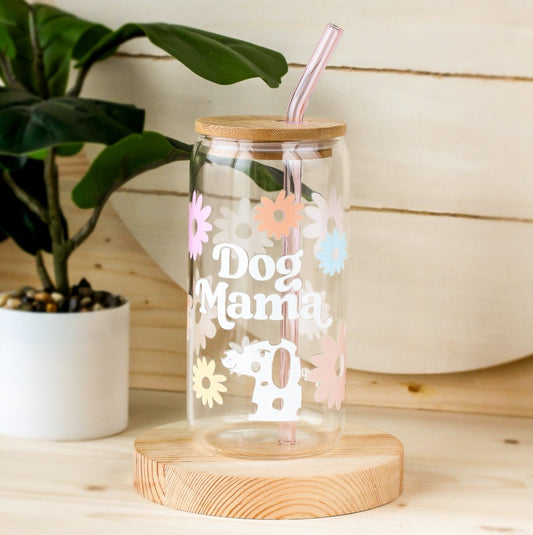 Dog Mama Dog Mom Life Beer Glass with UV DTF transfers Bamboo Lid Colored Glass Straw Flower Daisy Pet Theme cups