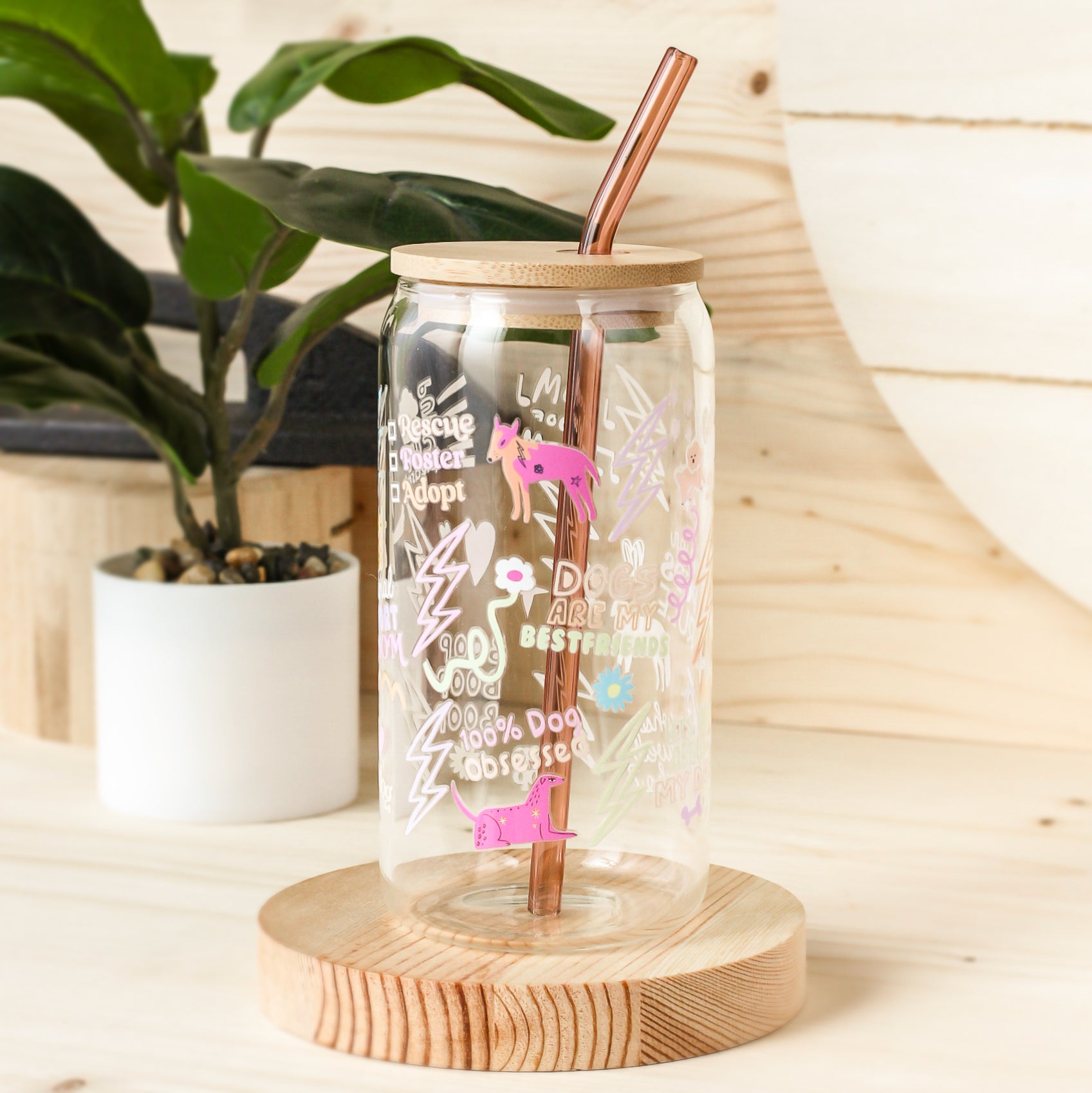Glass Cups Bamboo Lid Straw, Beer Glass Bamboo Lid Straw