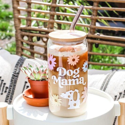 Dog Mama Dog Mom Life Beer Glass with UV DTF transfers Bamboo Lid Colored Glass Straw Flower Daisy Pet Theme cups iced coffee latte mocha colored straw