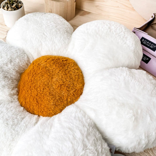 Daisy fluffy faux fur flower stuffed pillow for dogs white and tan floral